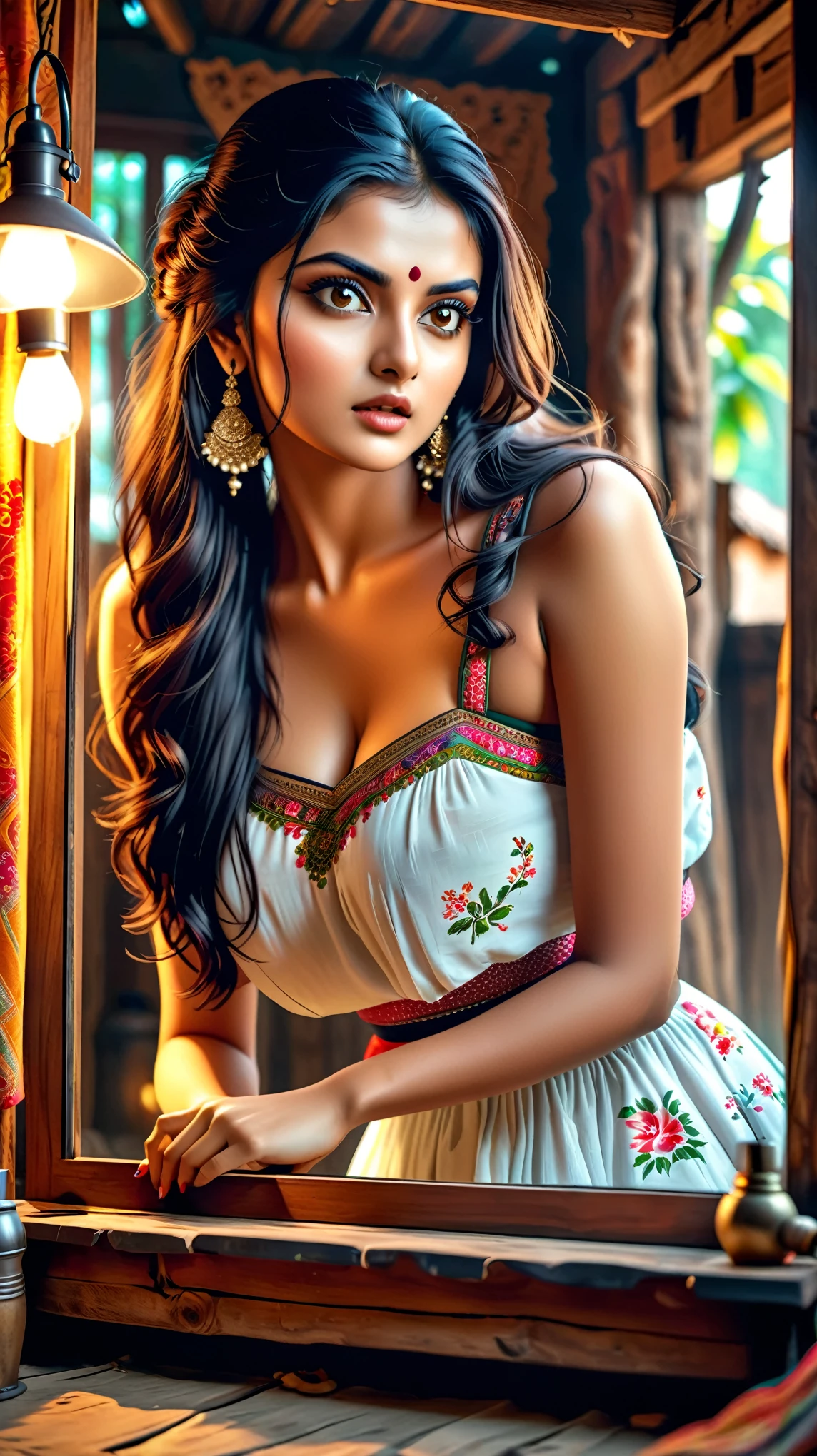 Dynamic photo of a cute sexy beautiful gorgeous girl(aiswarya rai) seeing in a makeup mirror in angry mood, in a village hut, realistic cinematic style, 4k ultra HD quality in 3D 