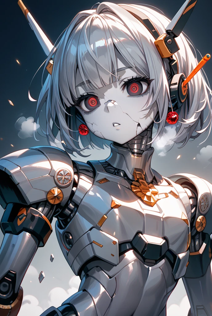 Masterpiece, illustration,8K wallpaper, super detailed,portrait,(full body),((damaged)),dissection, (1 girl:1.5),(solo),(Machine),white hair,Medium breasts,Beautiful detailed red eyes,(Mechanical (heart)),(Dirty face:1.3), (Wire),(Transmission tube), dissection, with internal mechanical parts exposed from the injury and short circuit,indicate,suffering heavy damage to her body and waist, dissection, with internal mechanical parts exposed from the injury and short circuit,indicate,(in Assemble:1.3), ,natural light, light tracing