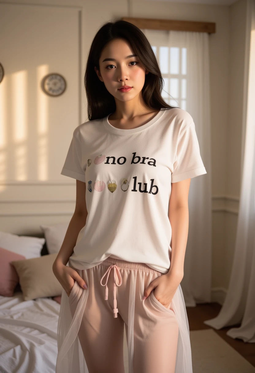 There's a woman standing in a room, vestido com uma camiseta branca deixando aparecer a calcinha de renda branca transparente,, vestindo uma camiseta de maconha, high resolution, alta qualidade, obra-prima, 8k.