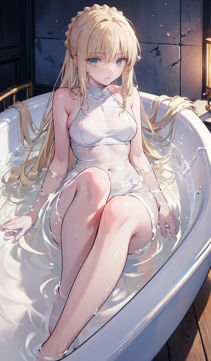 Move the center of gravity back、quite embarrassing、does not wear panties、Thin leg,top-quality、 超高分辨率、Detailed depiction of the face、The details are described perfectly、Fine face、Beautiful face、Hands are naturally coordinated、Stunning appearance、photorealistic skin tone、Detailed nail depiction、Detailed finger depiction、Gentle expression、front-facing view、Light effects、on top of the bed、Cute big breasts,CG's art style,(Naked:1.5),(Blushing face:1.4),8K,blond hairbl、Long straight hair、ssmile、hair adornments,Wet underwear,Transparent bra,short transparent dress,The thighs open slightly