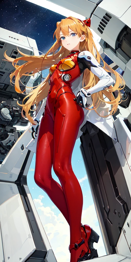 (top view),dynamic angle,Super detailed, illustration, close up, direct, 1 girl, 
 ((Soryu Asuka Langley, Interface headset, Red tights:1.4, blonde)),Her eyes shone like fantastic stars,(glowing eyes:1.233),(Beautiful and delicate eyes:1.1),(Poker face,Keep your mouth shut),(permanent), 
(Mechanical room with tools and spaceship windows in white spaceship),
(night:1.2),fantastic, [[slender fingers and hands:0.55]::0.85],(Detail fingers),