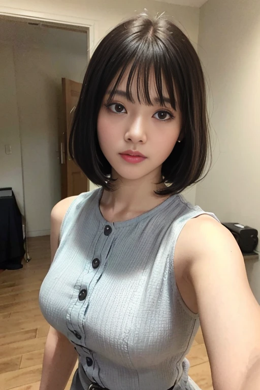 brown hair、short hair、With bangs、Beautiful woman、sexy body、white jacket(The inner layer is a black scoop neck T-shirt...)、inside a stylish cafe