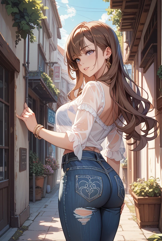 A beautiful girl in jeans and a bra top walking down a street, anime girl, night street, houses and shops in the street, street lit by street lamps, trees, night sky, starry night, yawning face, big rounds breasts, (white tanktop, blue jeans pants), dark brown hair, bangs, long hair, wavy hair, hair one side up, expressive hair, shiny hair, two side up, hairclip, ribbon, aqua eyes, glowing eyes, pupils sparkling, blush, bright pupils, one eye closed, tight clothing, viewer behind her, view from behind, she looks back, ass round, (perfect and defined ass:1.5), varied poses, anime, high detail, anime style, depth of field, dithering, chiaroscuro, image fill, three sided view, panorama, perspective, photography, lens flare, Wide-Angle, f/1.8, 85mm, Nikon, 40k, super detail, UHD, retina, masterpiece, accurate, anatomically correct, textured skin, highres, best quality