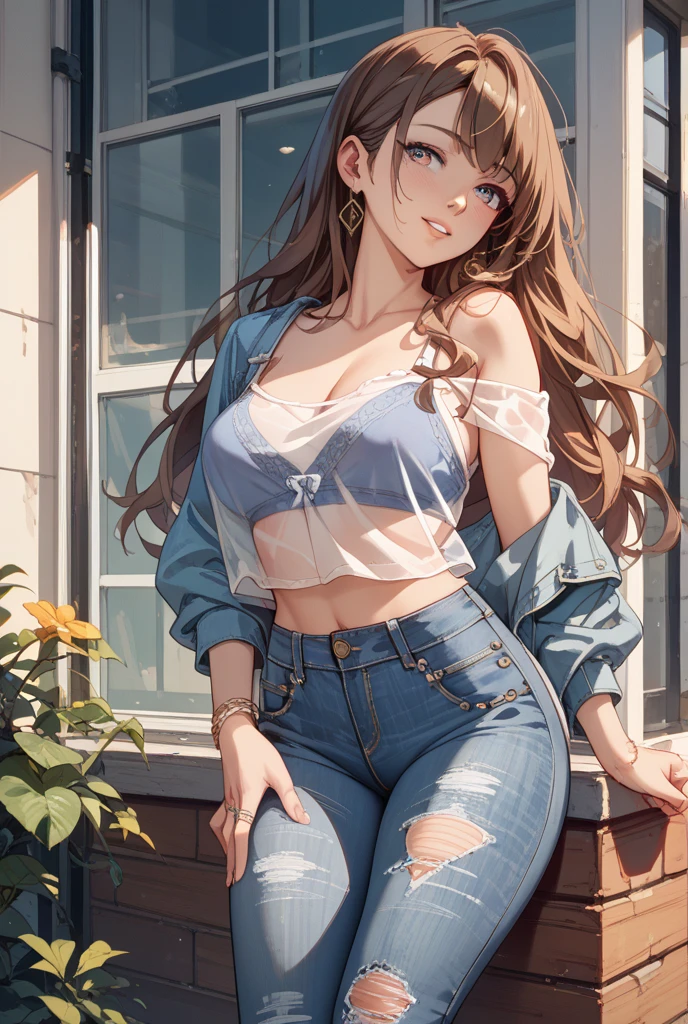 (highest resolution, distinct_image) best quality, woman, masterpiece, highly detailed, semi-realistic, 21 years old, cute, young, beautiful, interior, modern bedroom, window, wake up, morning, blush, thick thighs, wide hips, thin waist, tall, coral, (sweat: 1.2), (wet), sexy, blush, wear shorts, shorts, yoga pants, denim shorts, short skirt