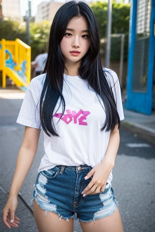 top-quality、hight resolution、detaileds、a beauty girl、tshirts、((showing the panty))、