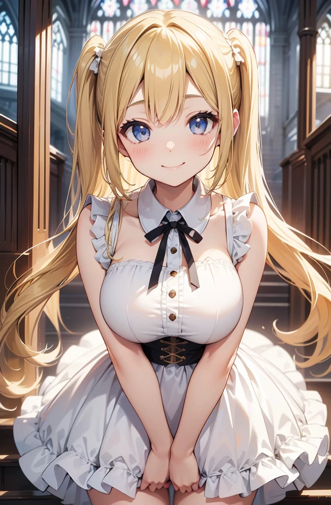 Highest Quality,8K,high image quality,((:1.3)),(detailed face),with bangs,smile,((Beautiful blonde)), very long extended twin tails,Wedding Dress,miniskirt,((big breasts)),church、
