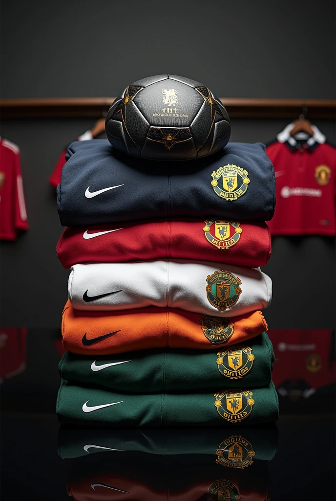 Donne moi les images des vareuses des clubs ci après : Manchester city, réal Madrid , Barcelone, paris saint germain , Dortmund, liverpool , Arsenal, Manchester United. Qui sont pliés et sont sur la table 