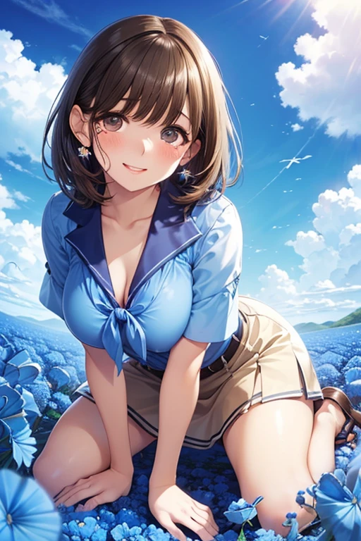 1girl, full body, solo, village, trees, brown hair, short hair, curly hair, side ponytail, large breasts, sleeveless blue top, cleavage, blue eyes, skirt, grin, looking at the viewer, standng, hair ribbon, golden necklate