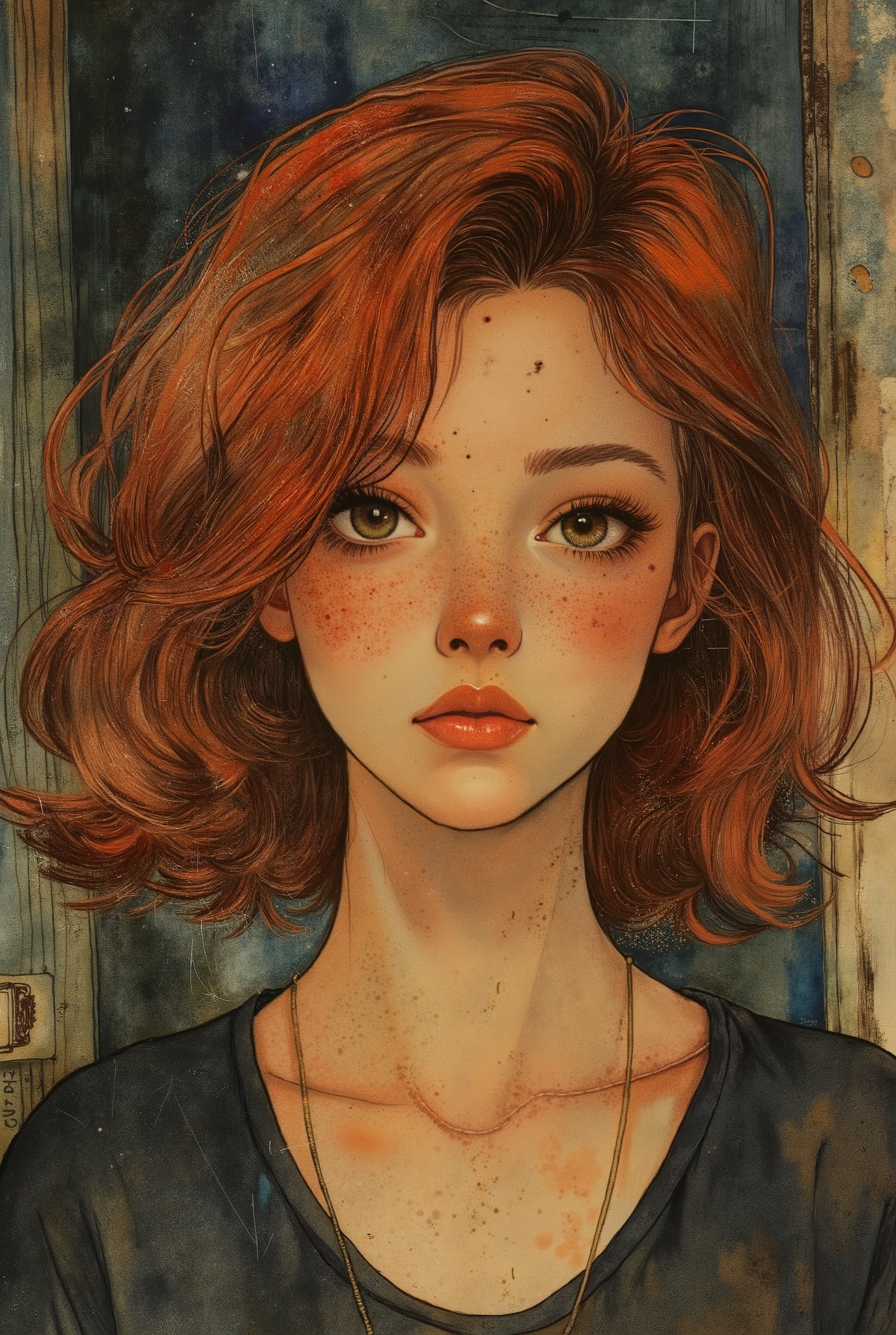 watercolor painting of one girl, long hair, long hairstyle, bangs, red hair, freckles, cowboy shot, long and exquisite black eyelashes, exquisite and perfect eyes, staring at the viewer, portrait, profile, dark and blurry background, dark depths, low light, rating safe, ultra-detailed, masterpiece, highest quality, speckled light, aesthetic portrait, (face angle: 1.3), (bottom 3/4 side view), beautiful colors, golden ratio, naive sketch hand-drawn, rough, realistic sketch, mix of thick dark and loose lines, natural light, dynamic, highly detailed, watercolor, watercolor paper,