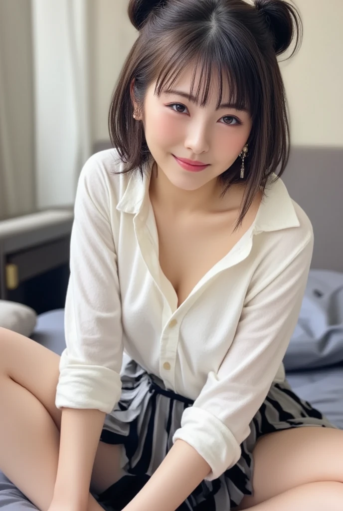 Tabletop, Highest quality, Ultra-high resolution,(Realistic:1.4) (Written boundary depth),(Lens Glow) ,1, white Jacket、White half-nasi:1.4, People in the background、motel room, Japanese people women:1.3、short hair, A shy smile、mouth half open、Overchange、Tight black leather Skirt:1.5、Sexy thighs:1.5、Healthy body shape、Beautiful bare legs、Rough skin、Full Body Shot、Cleavage、、Fair skin、Multiple moles、blush:1.5、Shooting from below、little fat, short height