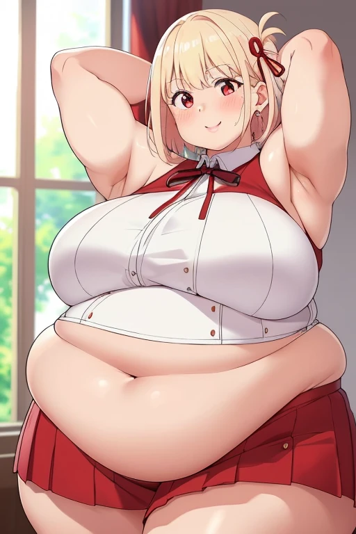 masterpiece, best quality, ultra-detailed, illustration, epic lighting, cinematic composition, isometric, 1girl, red eyes, long blonde hair, red_bra, red_shirt_skirt, standing in the doorway, leans on the doorway, won't fit through the doorwaylarge_chest, close to the viewer, looking at the viewer, fat belly, fat body, big fat thighs, fat rounded hips, massive belly, fattening girl, fatty, (big belly:0.0), (massive belly:0.0) won't fit through the doorway, she stuck in the doorway, shy tryied crawl through, embarrassed
