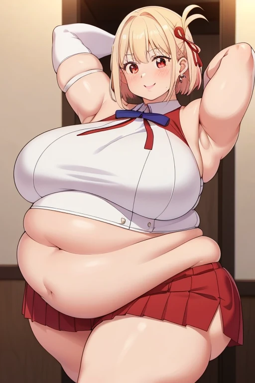 masterpiece,best quality,full body,prefect face,female,girl,gyaru,white marble glowing skin,curvy,huge breasts,wide hips,thick thigh,muscular female,solo,athletes,student,mole under eye,colored eyelashes,wide eyes,one eye closed,open mouth,naughty face,tongue out,short hair,pink hair,yellow hair,low twintails,short twintails,pixie cut,wavy hair,hair ribbon,hair bow,hairclip,choker,stud earrings,ring,skirt lift,,pleated skirt,stockings,combat boots,in autumn,sun,gym,teasing