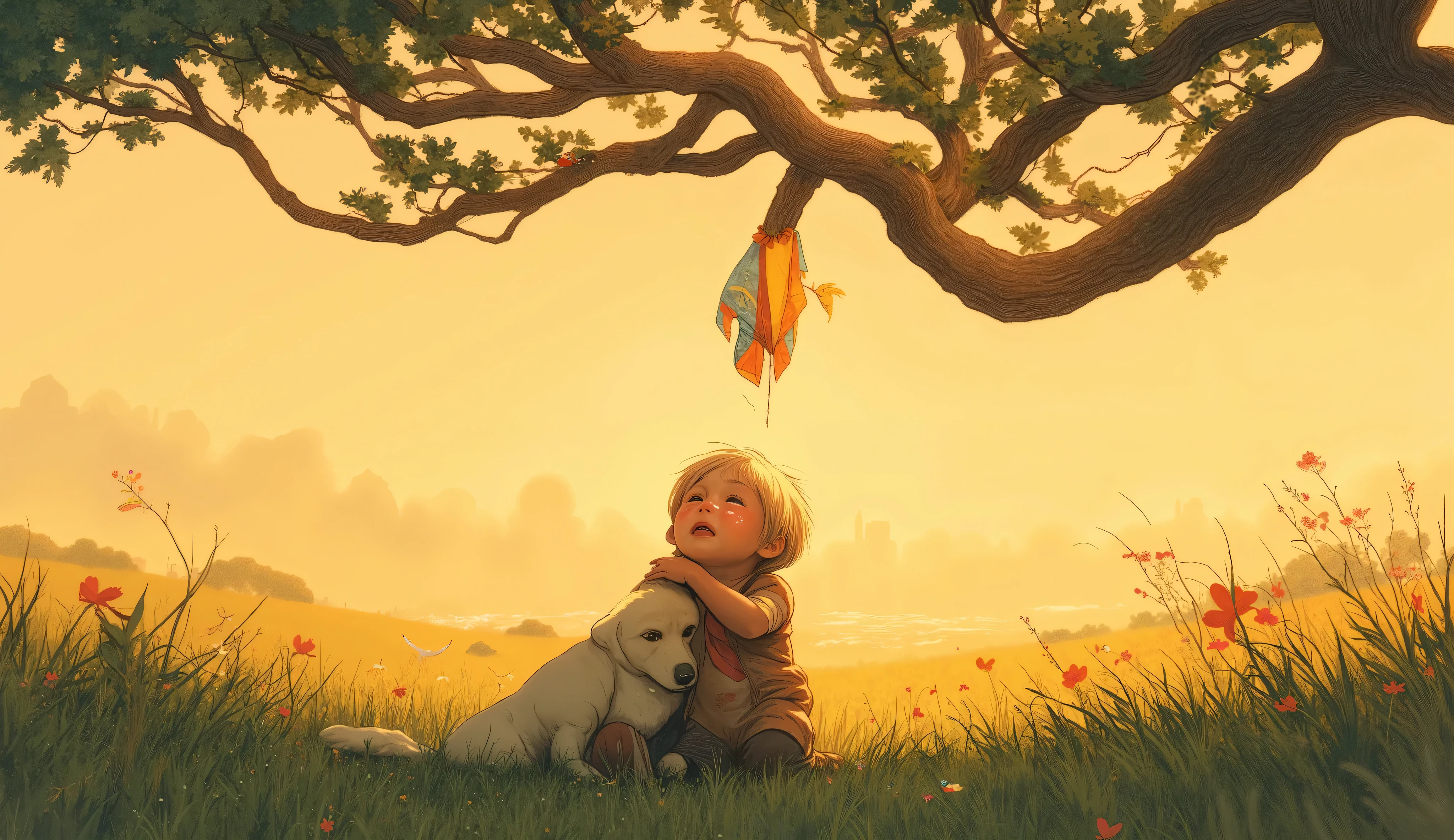 Sad sitting on grassy ground crying, hugging his knees tightly, looking up at his colorful kite tangled in tree branches, golden hour sunlight, countryside field with tall grass and wildflowers, small loyal dog comforting the boy, birds flying in the sky, city silhouette visible in the far distance, long dramatic shadows, emotional hood moment, soft breeze, detailed facial expression showing genuine tears, Norman Rockwell meets Hayao Miyazaki style, nostalgic atmosphere, digital painting with watercolor textures, warm orange and yellow sunset tones contrasted with cool blues and greens, photorealistic rendering with soft edges, highly detailed, cinematic composition, emotional storytelling, 8K resolution, studio ghibli influence, depth of field, volumetric lighting, masterpiece, sharp focus