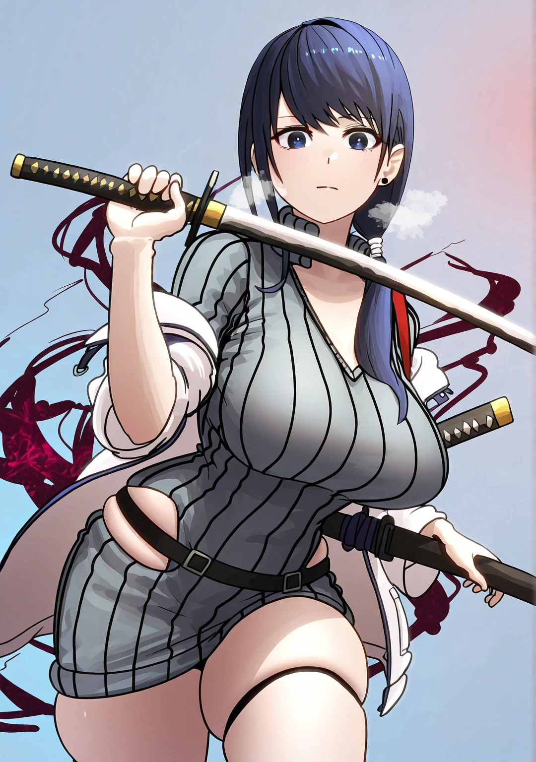 Tlr-style, (minami_koyogi-style:1.4), (jam-orbital-style:0.8), ((anatomical correct)), ((Cinematic, unreal engine, eye-catching, ambient occlusion, UHD, masterpiece)), ((perfect lighting)), perfect body, perfect eyes, perfect fingers, gasping, heavy breathing, gasping profusely, ((skindentation)), ((curvy)), hair over shoulder, low ponytail, bangs, swept bangs, blue hair, blue eyes, bright pupils, plump, 1girl, weapon, solo, sword, red_background, katana, holding_weapon, holding, simple_background, ear_piercing, sheath, holding_sword, mechanical_arms, profile, from_side, sheathed, looking_at_viewer, cyborg, white jacket, sweater dress, off shoulder, black short, (black aura), (blue aura), (aura:1.2)