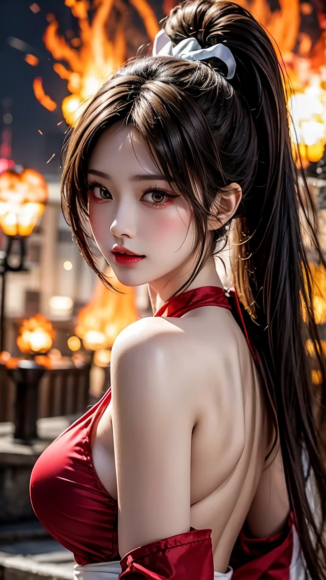 1 beautiful devil woman from hell, surreal female portrait by David Hockney and Alphonse Mucha, realistic shorts, chinese doll, photorealism, dynamic lighting, artstation, poster, volumetric lighting, clean pink and white face, super realistic face, beautiful face and very detailed make-up, 8k ultra, awarded, in the dark, low key, cowboy lens, (Red phoenix dress: 1.0), long hair, black hair, bust, devil's Palace, devil crown, eyes make up very sharp and detailed, the most beautiful face, super tight breasts, breast augmentation, the breasts are very big and round and round, super realistic, chinese women's clothing, polo neck sweater, charming smile, the eyes are very well made up, ((Deep red eyes:1.2)), big round eyes, glaring at the viewer, guweiz, devil style, wearing black mesh socks, ponytail with a bow tied at the back of the hair, plump and beautiful red lips, wearing a thin red and black robe, Hands pull the straps to reveal sexy breasts, the landscape is overcast and thunderous, beautiful female devil portrait, close-up of the main character, (detailed spooky background:0.8), HDR, UHD, 8kquality, detailed pixel, facing the beautiful girl, looking at the girl body,