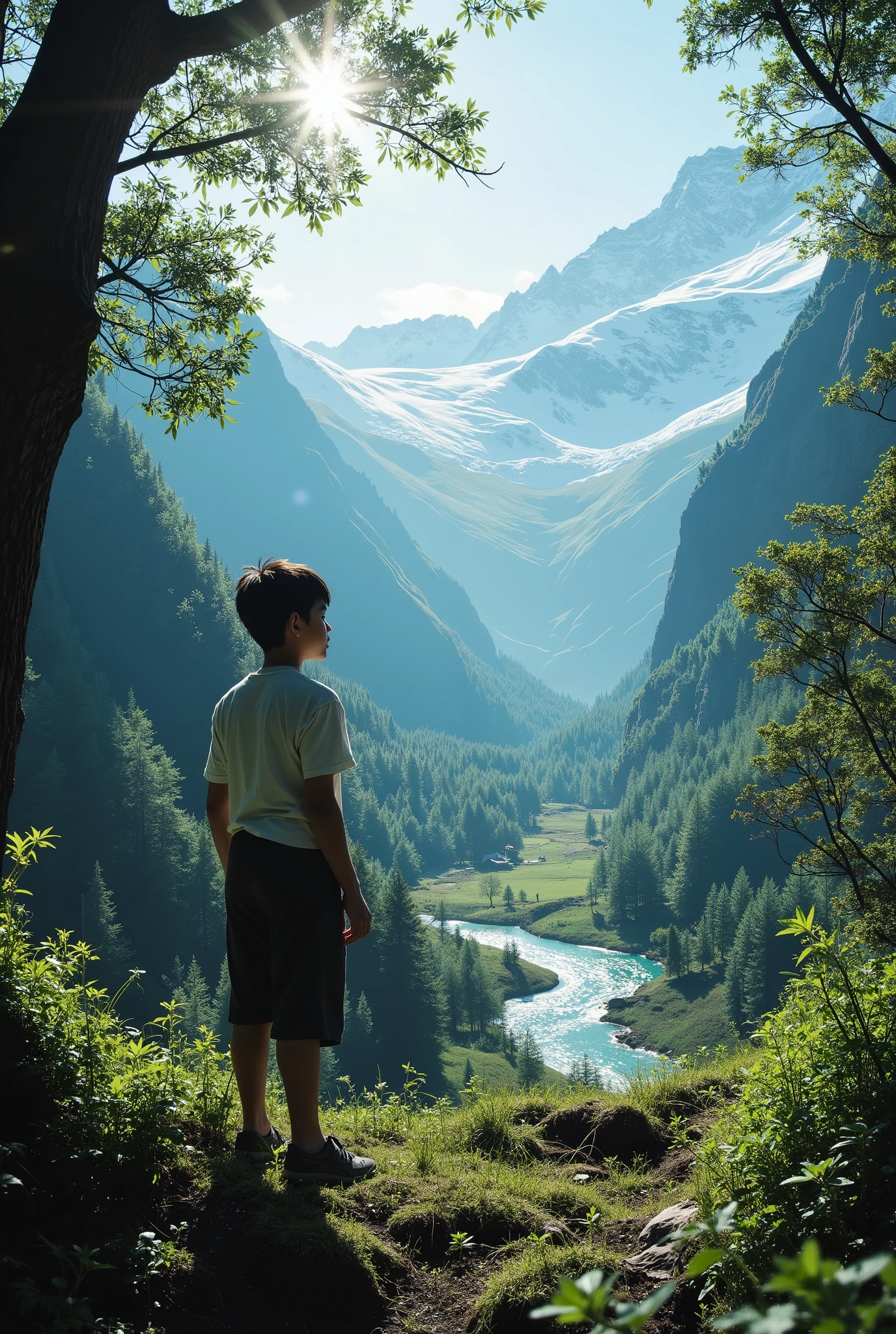 A boy wearing glasses half body back standing on the balcony and his hand on balcony and seeing the beauty of mountains of Kashmir