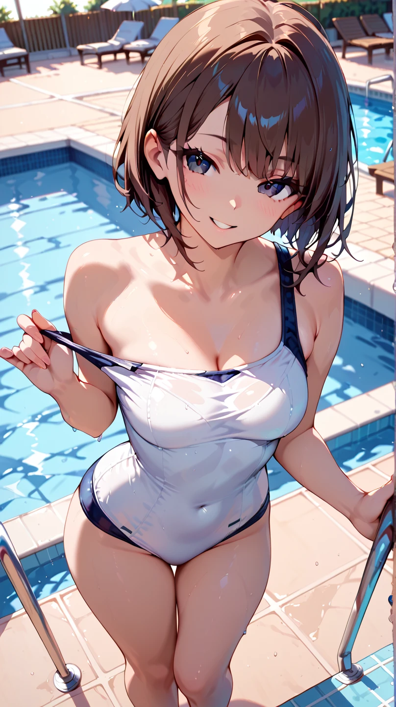High Contrast, Japanese female models,looking atviewer,Poolside,Beautiful woman,(Open your mouth a little,smile),Replicant,(White Bikini),Slender figure, Medium Hair,Delicate and beautiful CG art),(highest quality, Very detailed, High resolution),(Dynamic Lighting),(One character),(Brown Hair), Brown eyes, (Beautiful Face), (big boobs)