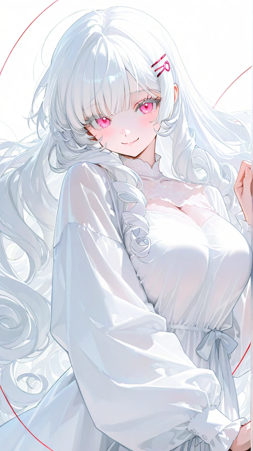 anime girl with white hair and pink eyes posing for a picture, seductive anime girl, white haired deity, in white clothes, white haired, white haired lady, in dress, girl with white hair, perfect white haired girl, revealing clothes, anime moe artstyle, white dress!! of silver hair, white-haired, oppai, yoshinari yoh