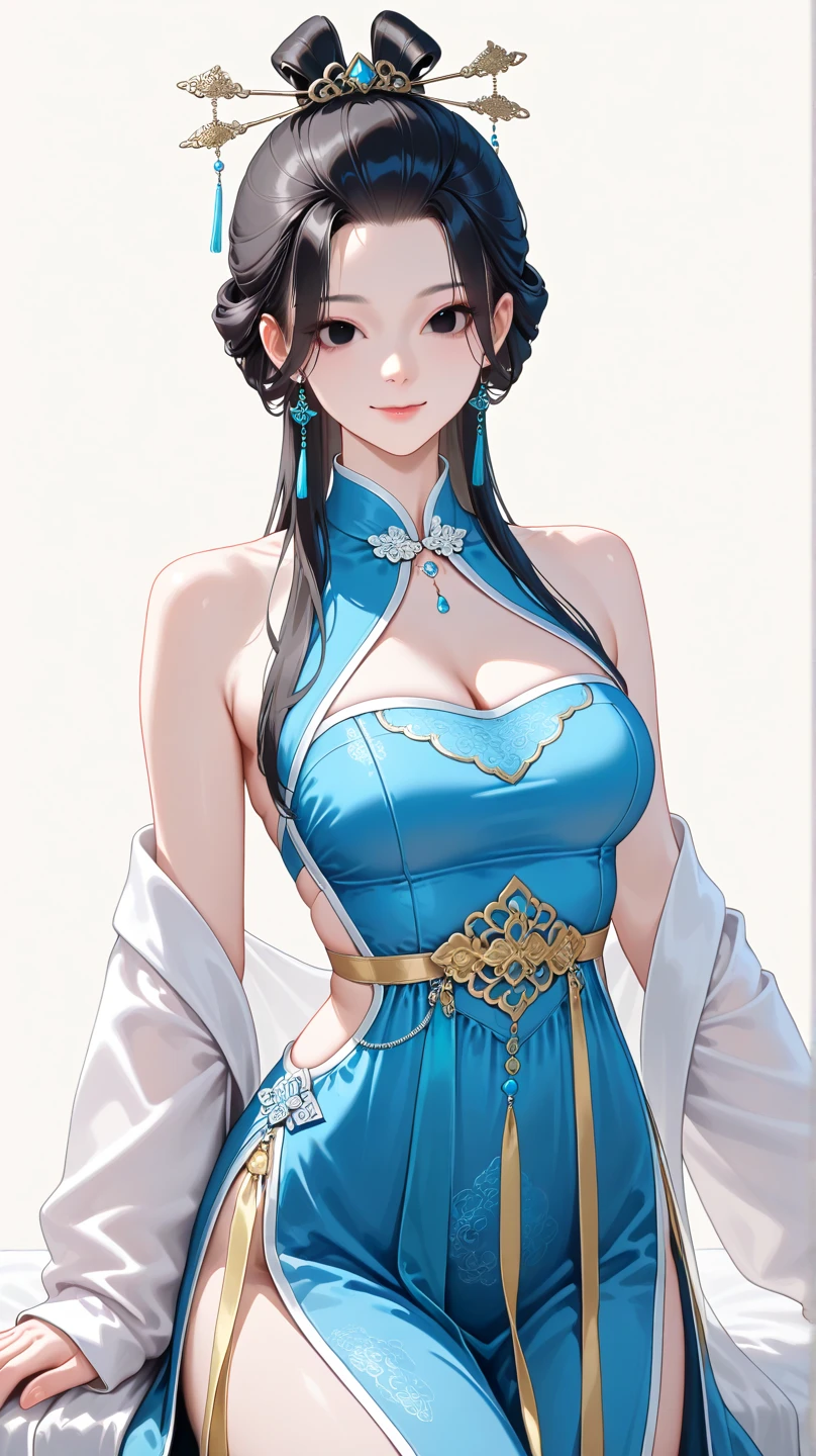 Desirable woman posing for camera in blue and white dress, Beautiful and seductive anime woman, beautiful fantasy queen, inspired by Fenghua Zhong, Beautiful character painting, (((Large Breasts、Low-cut，Cleavage, Wide hips,)))((Long legs)),，author：Qiu Ying, Sensibility, author：Cold plum, author：Yang Jie, Poster Art, Art bud. Anime Illustrations, Inspired by Chen Yifei, author：Chen Lin