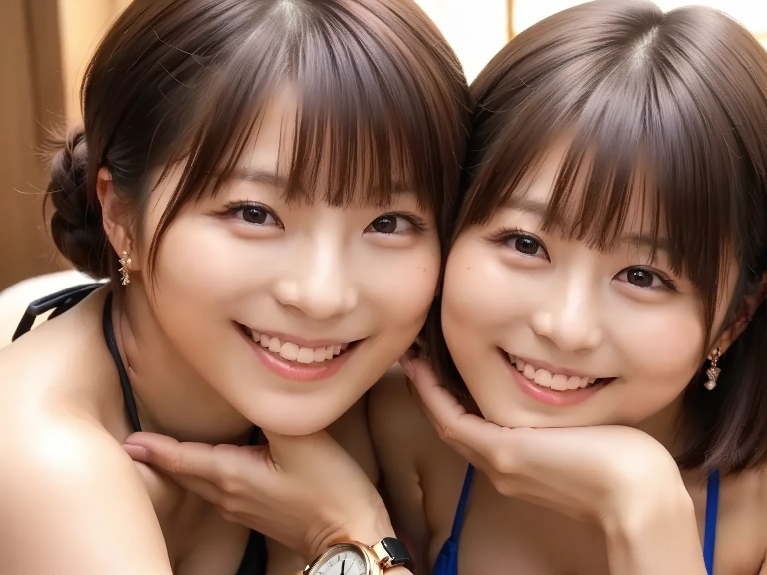 (2girl), air bangs, beautiful girl, enchanting smile, (extremely detailed beautiful face), (highly detailed eyes, highly detailed face), (bikini), Fresh, very clean appearance, (best Quality:1.4), (hyper-realistic, hight resolution), Professional Photography, beach, palm trees, standing