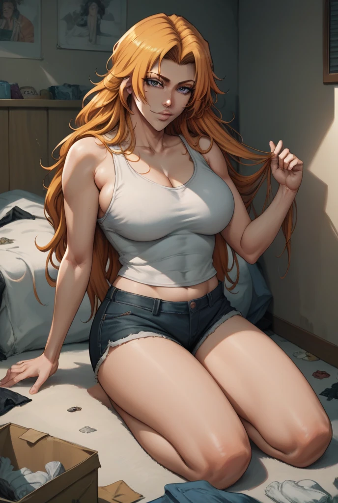 Draw Cassye Sandler, an anime-style female character with lung-length orange hair, thin orange eyebrows, and blue eyes. small breasts, thin waist, big perky ass, thick thighs. wearing a sexy casual outfit. She is wearing a sex bunny costume lying on the bed with her legs spread wide open. doing very sexy and provocative positions. bottom-up perspective. as sexy as possible without going over the limit of sensuality.