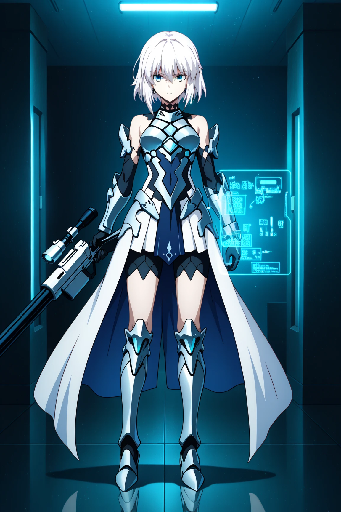 Emilia re:zero, purple eyes, Emilia, crown braid, x hair ornament, flower hair ornament, white hair, long hair, medium breasts, A close up of a person with a sword and a shirt, kda, commission for high res, oc commission, anime styled 3d, demon slayer rui fanart, valkyrie style character, holy cyborg necromancer girl, shepard fairy style art, clothed in cyber armour, cyborg merchant girl, digital cyberpunk anime art, overwatch inspired, cyberpunk anime girl