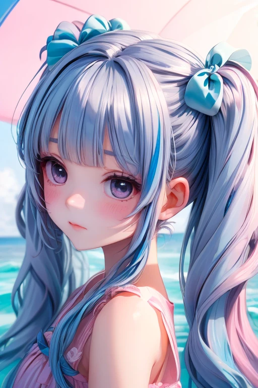 raw photo:1.2, masterpiece, highest quality, 16k, unbelievably absurd, very detailed, perfect beauty, (pool, splash water, bikini), cute girl, in a beautiful pose, flowing hair, through bangs, vibrant colors, raw photo,