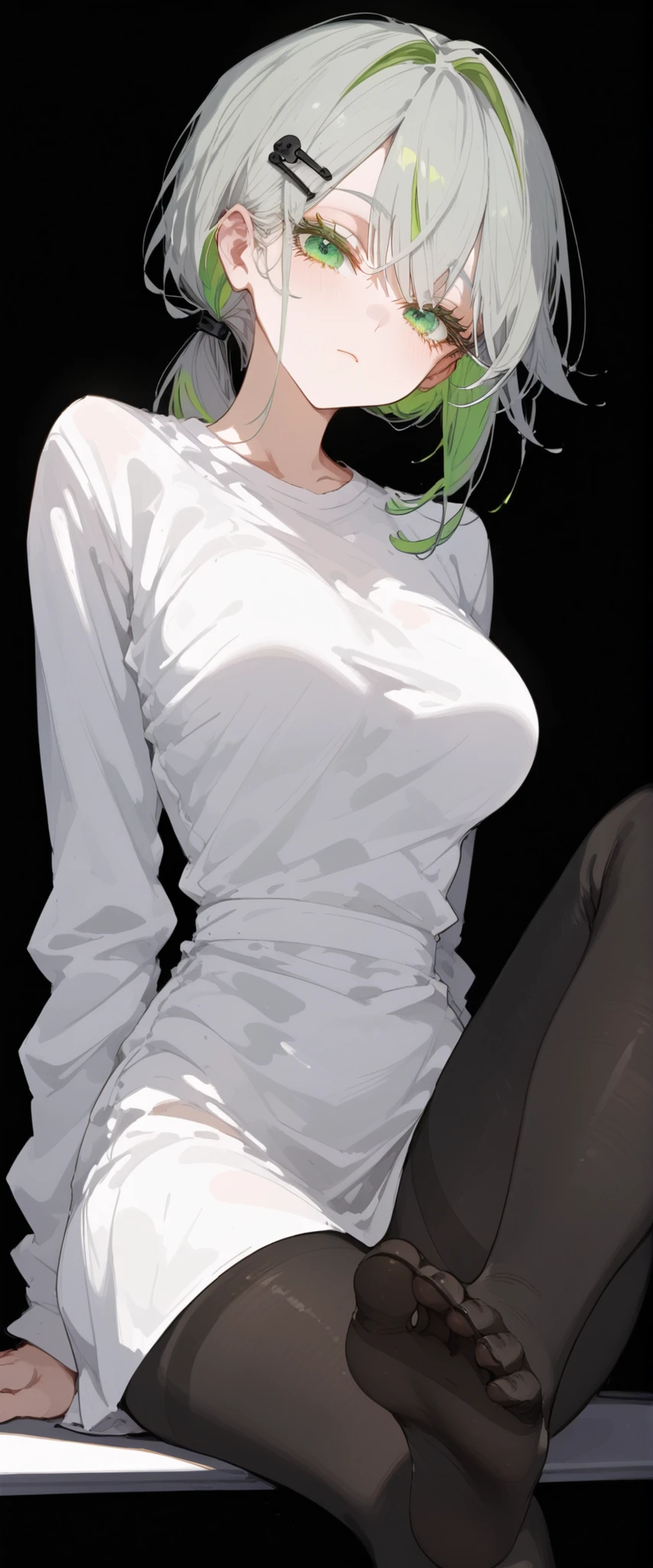 ,, gray hair,two tone hair,Green Hair,long hair,in green eyes,,Hairless Color,Skull Clip,medium breasts, Tomboy,cute,Milf, low ponytail ,black background,Long Eyelashes, in the form of a whole body., White Dress,Long Sleeve,Bust Shirt,black pantyhose, pretty feet , South View,sit,Slim legs,Focus feet,
