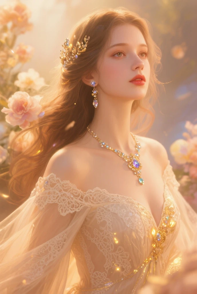 Ultra transparent 8k wallpaper, Brilliant depiction of details, Charming and energetic breeze, Mysterious and seductive angles, Glamorous and glamorous gold-rimmed star-shaped eye ornament, Attractive necklace jewelry, Mesmerizing eye detail, Perfectly presented big eyes，Model standing，female pervert