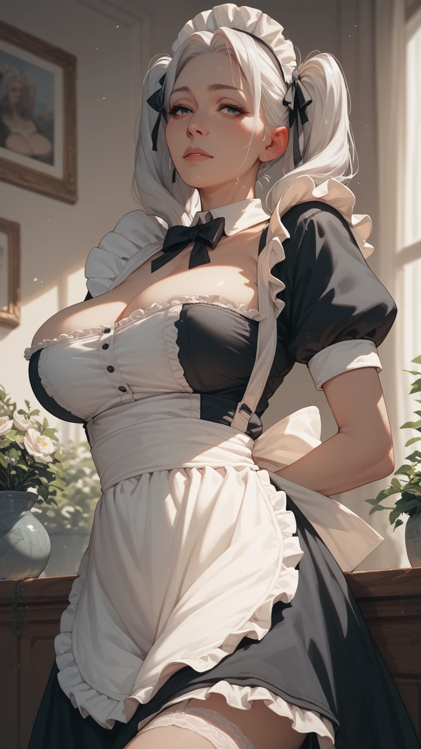 (8K,Photorealsitic Raw photography top-quality;1.4) 1 Middle-aged woman) Super beautiful woman with glasses (Lifelike face) (Blonde Short Bob) Entice your audience Beautiful expression Blue eyes (real looking skin) (Female Maid Chief) enticing 超A high resolution A hyper-realistic high detal large chest with a thin body, Intelligent spectacle beauty Luxurious black and white maid costume Black and white maid skirt a smile Mole on the mouth a smile