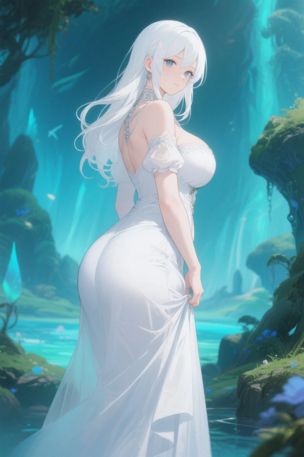 ((1 woman with very long white hair, large curvaceous,((gigantic breasts)),((holding her ass)),((large and transparent white dress)),((green eyes, closed, naughty smile)) ,((backwards, butt visible)),in a haunted forest,at night)),