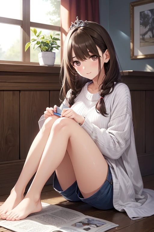 ultra - detailed, A high resolution, (actual, realistically: 1.4), 8K, RAW photogr, (On a table), (Best quality at best), physically-based renderingt, college girl, Brown hair long, Korea, sea beach, unbutton your socks,look at them_The white_The shirt