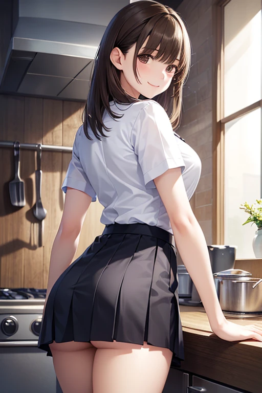 A very cute and beautiful girl standing in the kitchen,(very detailed美しい顔),white blouse,(smile),looking at the viewer,
(beige cardigan:1.2) break (think back,from behind),leaning forward,
(pleated plaid mini skirt:1.2),from below,white panties,
black hair,kitchen pot,white tea cup and plate,seasoning bottle,
(highest quality,masterpiece:1.2),disorganized,High resolution,super detailed,very detailed,32K,8K resolution,
intricate details,movie-like scene,detailed background,alone,dynamic angle,