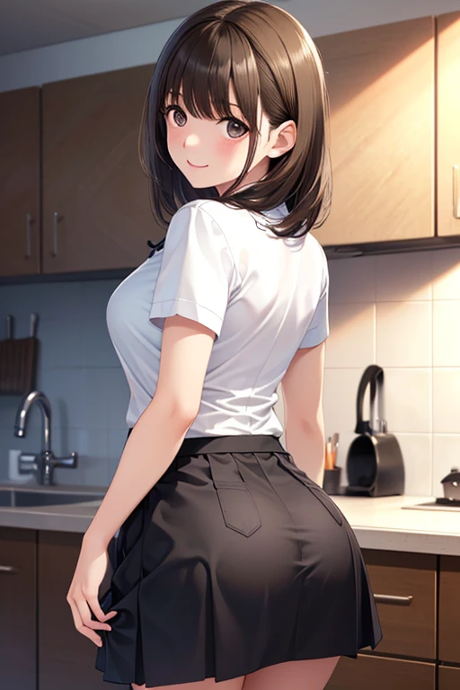 (((Mother: 45 years old))),Solo,((attractive mature lady)),Plump,((Small breasts)),((Forehead)),Standing,((Turn your back)),((beautiful ass)),((close_up)),((White sweater)),((Lift-up sweater)),(The pink bra is visible),((Brown skirt)),((lift up skirt)),((No panties)),Brown hair,((shorth hair)),bob cuts,((beautiful countenance)),((Black eyes)),((beautidful eyes)),((embarrassed)),((Seductive smile)),(masutepiece),extremely fine and beautiful,Anime style,,2nd floor veranda,morning