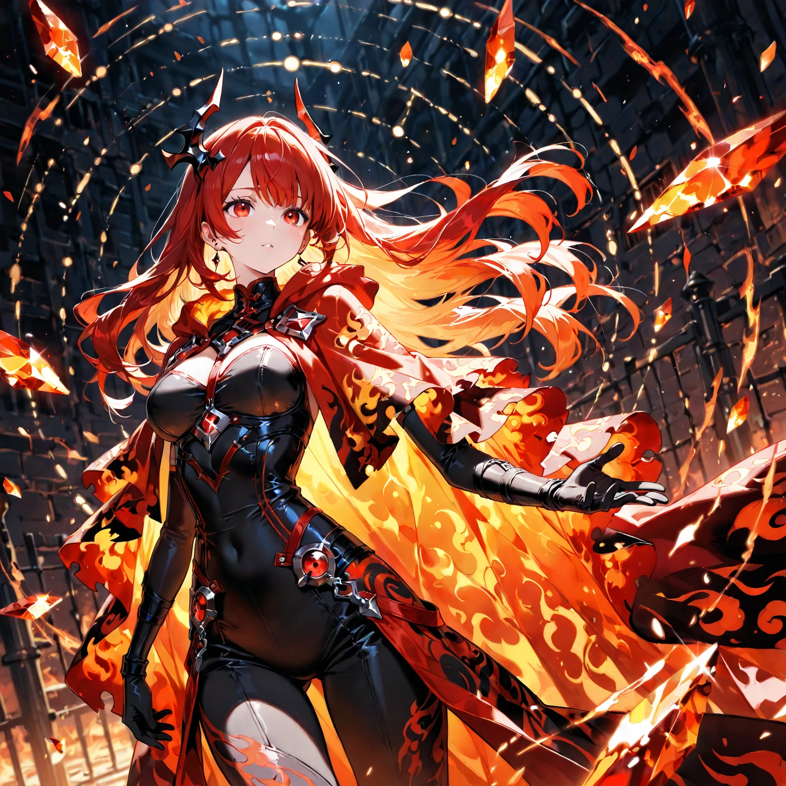 (best quality、masterpiece、high resolution)、4K animation art、(Beautiful woman、1 person)、(Dynamic poses)、Small Breasts、Show your shoulders、short hair、Red hair、Burning Naruyu、燃烧的Flowers、Burning lava particles、(Fractal Art: 1.1)、(Magma eruption: 1.3)、(Magma movement: 1.4)、(Magma splashes: 1.4)、(Magma particles: 1.4)、(rich and colorful: 1.1)、(Flowers: 1.1)、(Tangled: 1.2)、(Blue Background: 1.3)、(Glowing skin)、