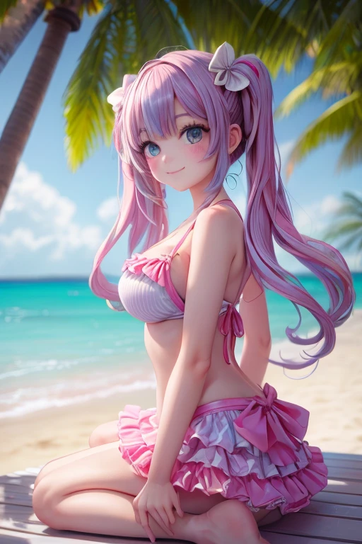 masterpiece,highest quality, Very detailed, High resolution, expensive resolution, High resolution, 4K, 8k, unity 8k wallpaper, Very detailed CG, masterpiece, 2D, 3D, Beautiful details, depth, Fine texture , highest quality: 1.3, Fully focused, Crispy.skin, .he,
Very cute anime girl 、bikini、Large Breasts、ピンクのセミロングヘア wearing expensive , One Girl、Palm tree、Seaside, Mole under the eye, looking at the viewer , expensive , blush, Mole, Lips parted, Hibiscus Hair Accessories, heart, Pink Eyes, choker