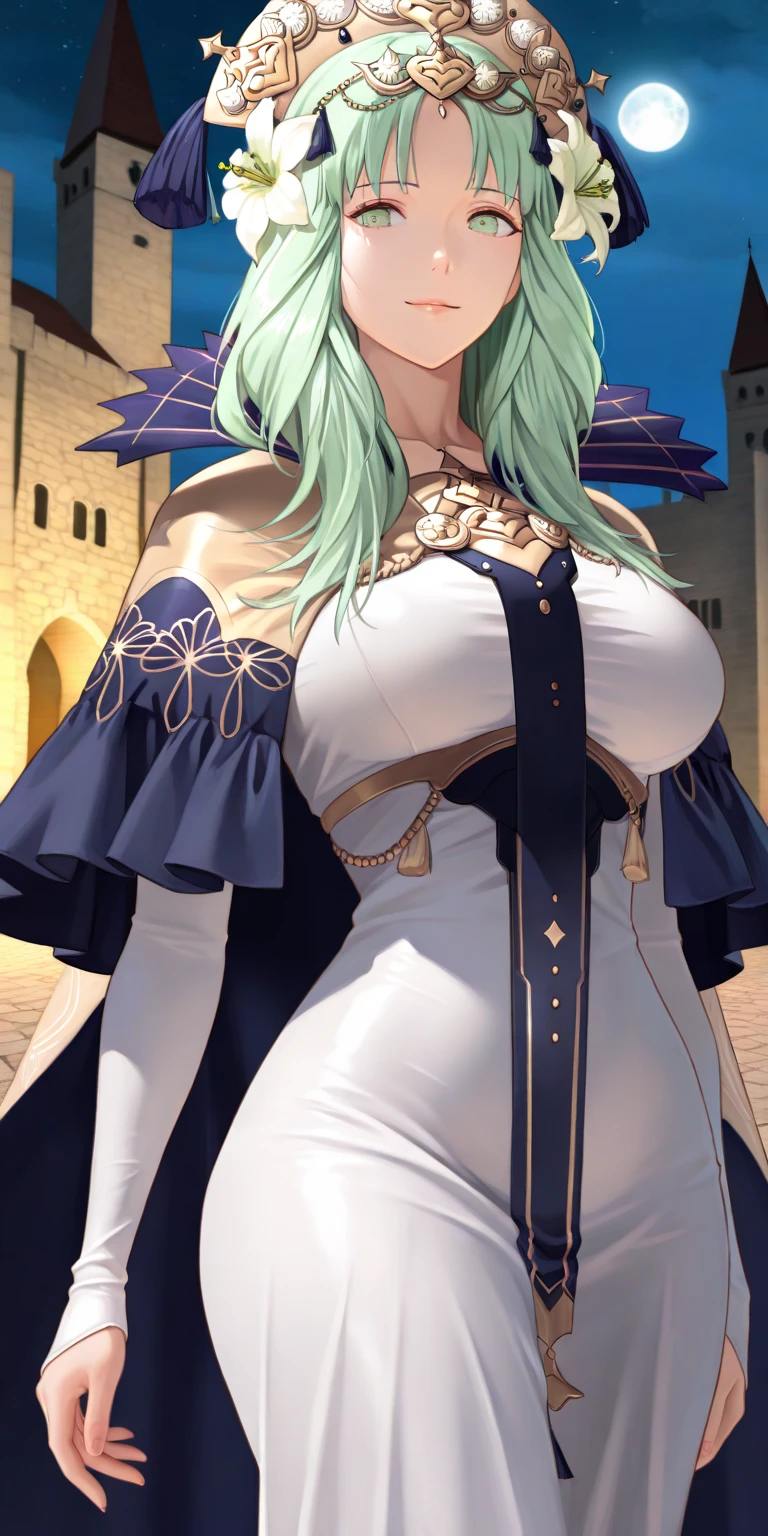 (Triplets)(chest covered)(smile)Gray skin, pale golden hair and violet eyes. They prefer clothing of white and silver with cloaks of deep blue or purple,village background, huge_knockers, ((very precise detailed)), ((highres)