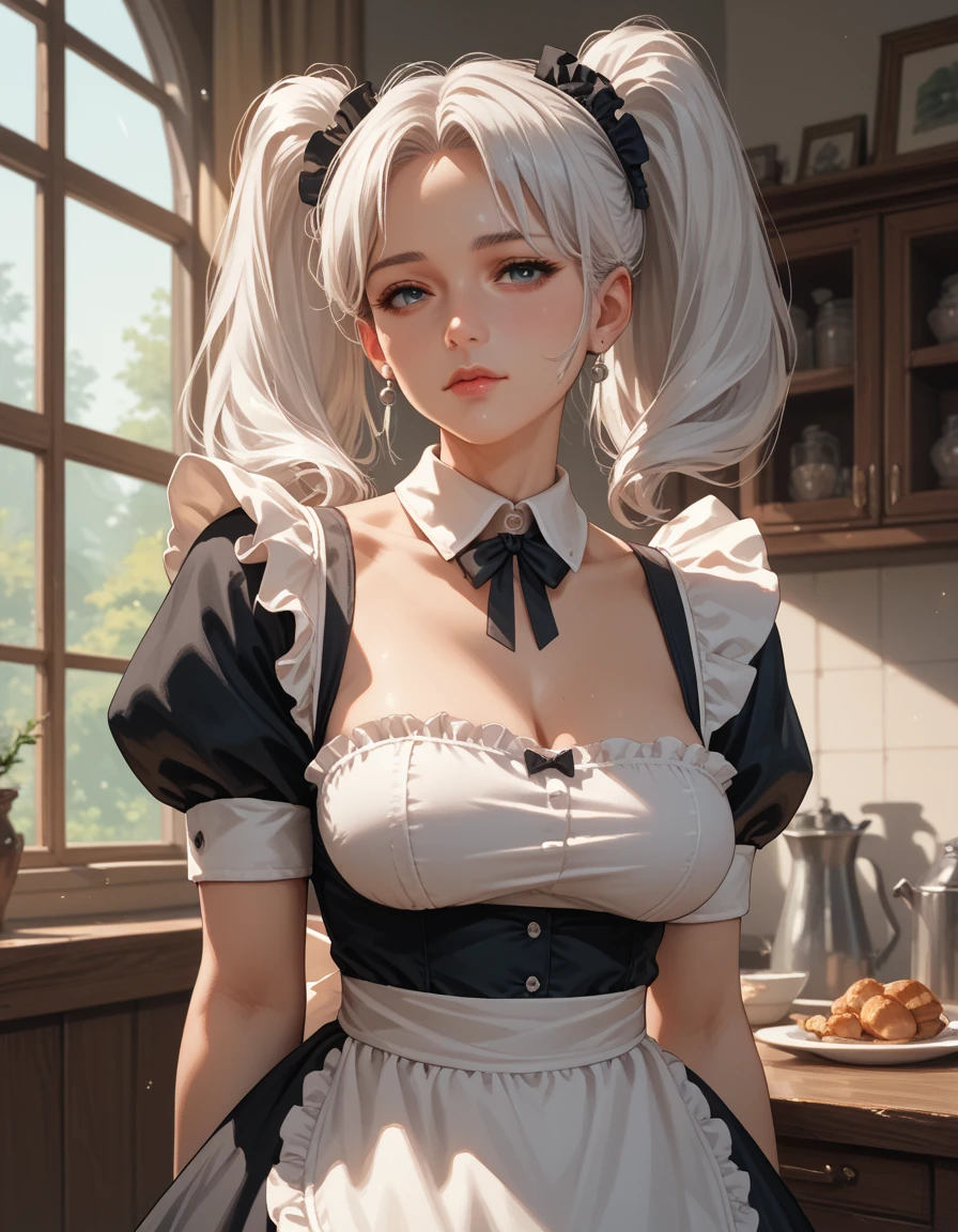 (A hyper-realistic), (illustratio), (hight resolution), (8K), (ighly detailed), (The best illustrations), (beatiful detailed eyes), (top-quality), (ultra-detailliert), (masterpiece), (wall-paper), (详细的脸), 独奏, (dynamicposes), 1 girl in, White wavy hair on chair, japanes, Iris heterochromatic eyes, ((Short apron)), large boob, long legged, tightens abs, (camel's toe), (witheout panties), (no brassiere)