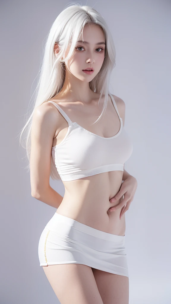Highest quality, Ultra-high resolution, (Realistic:1.4), 1 Girl, Looking at the audience, close, Beautiful Skin, Large neckline, Desiree gaze, short and slender, View from below 、E cup breasts、Thin tops、Short shorts、T-Shirts、Blonde、Big eyes