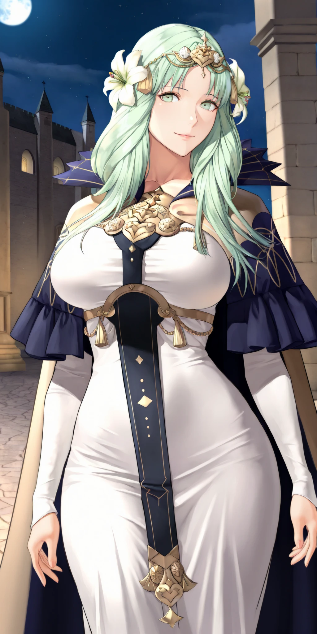almost realistic, almost realistic, almost realistic, front view, looking at viewer, gentle smile, 1 girl - Rhea from Fire Emblem Three Houses, dfrh3a, green hair, long hair, hair parted in the middle, absolutely no bangs, NO BANGS, forehead visible, green eyes, gold headdress, hair flower, tiara, blue and gold cape, high collar, white dress, long dress, gold brooch, blue tabard, long sleeves, high detailed, best quality, very mature woman, very mature female, F Cup Breasts, nice F Cup Breasts, huge F Cup breasts, perfect F Cup breasts, flat stomach, ultra detailed, highres, best quality, outdoors, night sky, moon, night time, on top of a castle, stone walls stone floor, cowboy shot, sexy waist, sexy hips, sexy figure, masterpiece, best quality, very aesthetic, absurdres, masterpiece, exquisite quality, highest quality, masterpiece, highest quality, (alone), Textured skin, absurdes, High resolution, best quality, highres, ((((highest quality)))), (((Ultra-precision CG 16K))), (((masterpiece))), (((Very detailed))), (((Extremely detailed))), Maximum clarity and sharpness, Surface Shading, Cinematic lighting, Beautiful details ,Perfect Proportions, accurate, Anatomically correct, Highly detailed face and skin texture, Highly detailed facial and skin texture, Detailed eyes, beautiful hair, Beautiful, Beautiful and beautiful eyes, Beautiful body, Beautiful thighs, Beautiful legs, Beautiful fingers , ((Beautiful Skin)),