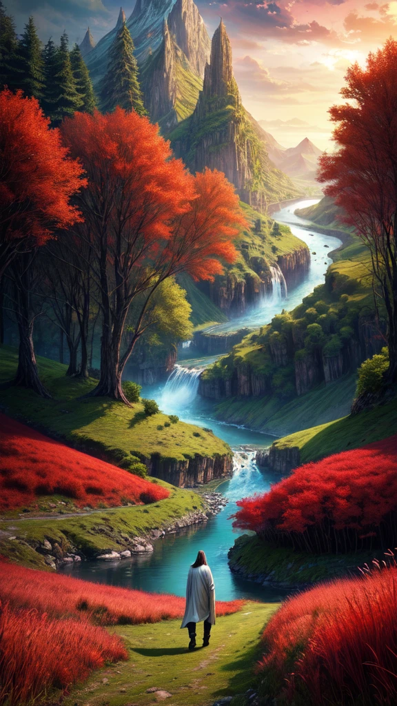 beautiful fantastic landscape, Alien world, Red grasses and green rivers Jesus walking 