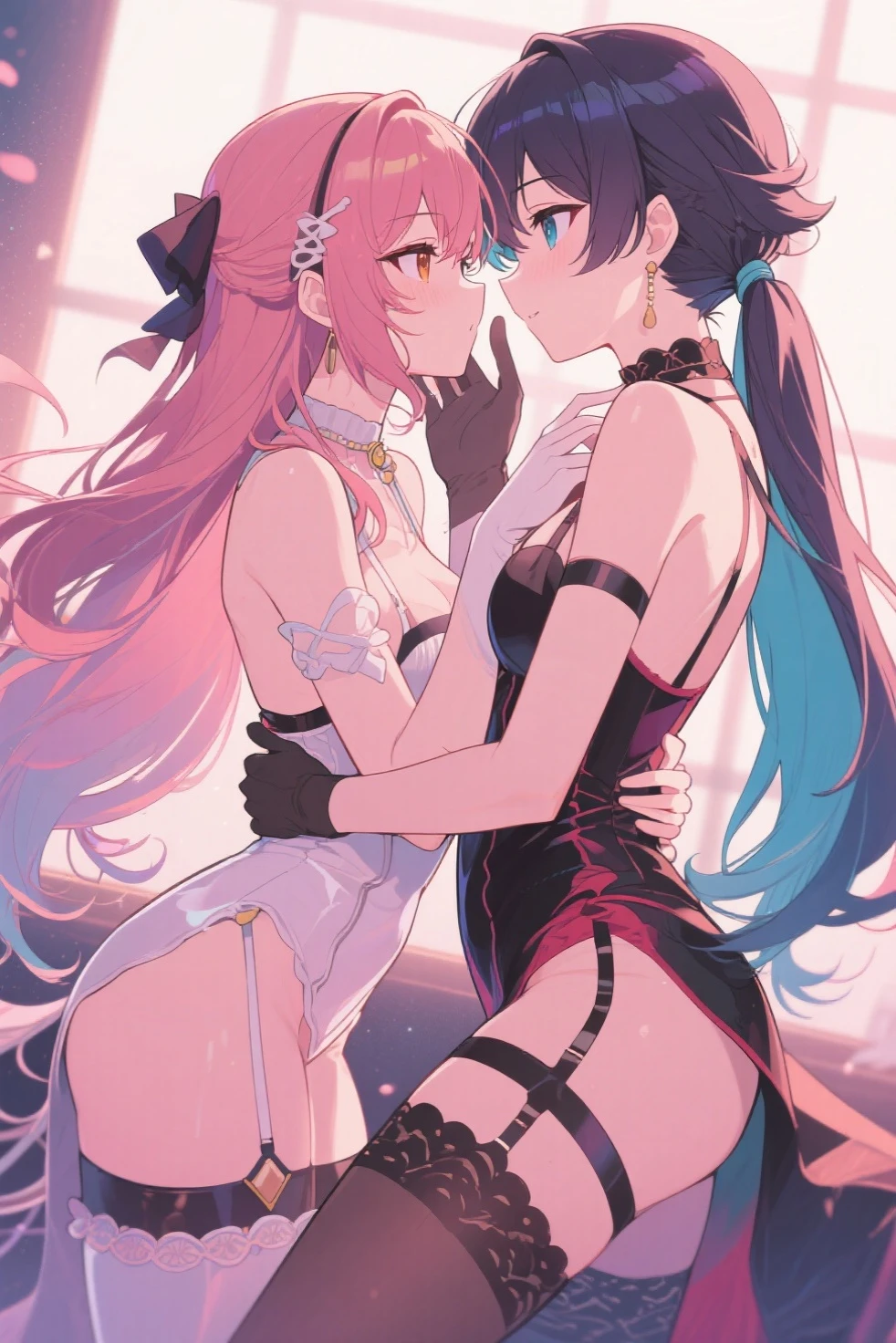 Close-up of two women with long hair and pink hair, WLOP and Sakimichan, 8K high quality detailed art, by Yang J, wlop and ross thran, Extremely detailed Artgerm, ross tran and bayard wu, art-style, artgerm and rossdraws, artist artgerm i and wlop,long whitr hair, multipel Girls, shift dresses, 2 girls, flat lay,lie,With his eyes closed, whaite hair, monstergirl, mermaids,Automotive advertisement style Long hair,Silvery hair, hair adornments, thighhighs, shift dresses, 2 girls, exposed bare shoulders, Extra-long hair, Keep one's mouth shut, Permanent, florals, parted lip, Sleeveless, Hairy flowers, nail polish, black color dress, From the side Side, cparted lips, finger nails, See, petals, eyeslashes, temple, contours, putting makeup on, Floating hair, sleevelessdress, feater, black fingernails, redish pink lips, Redlip,water ink,Splash ink,Fragmentation,faeries,Smudge,aquarelle,Light . Sleek, dynamic, professional, commercial, vehicle-focused, high-resolution, highly detailed