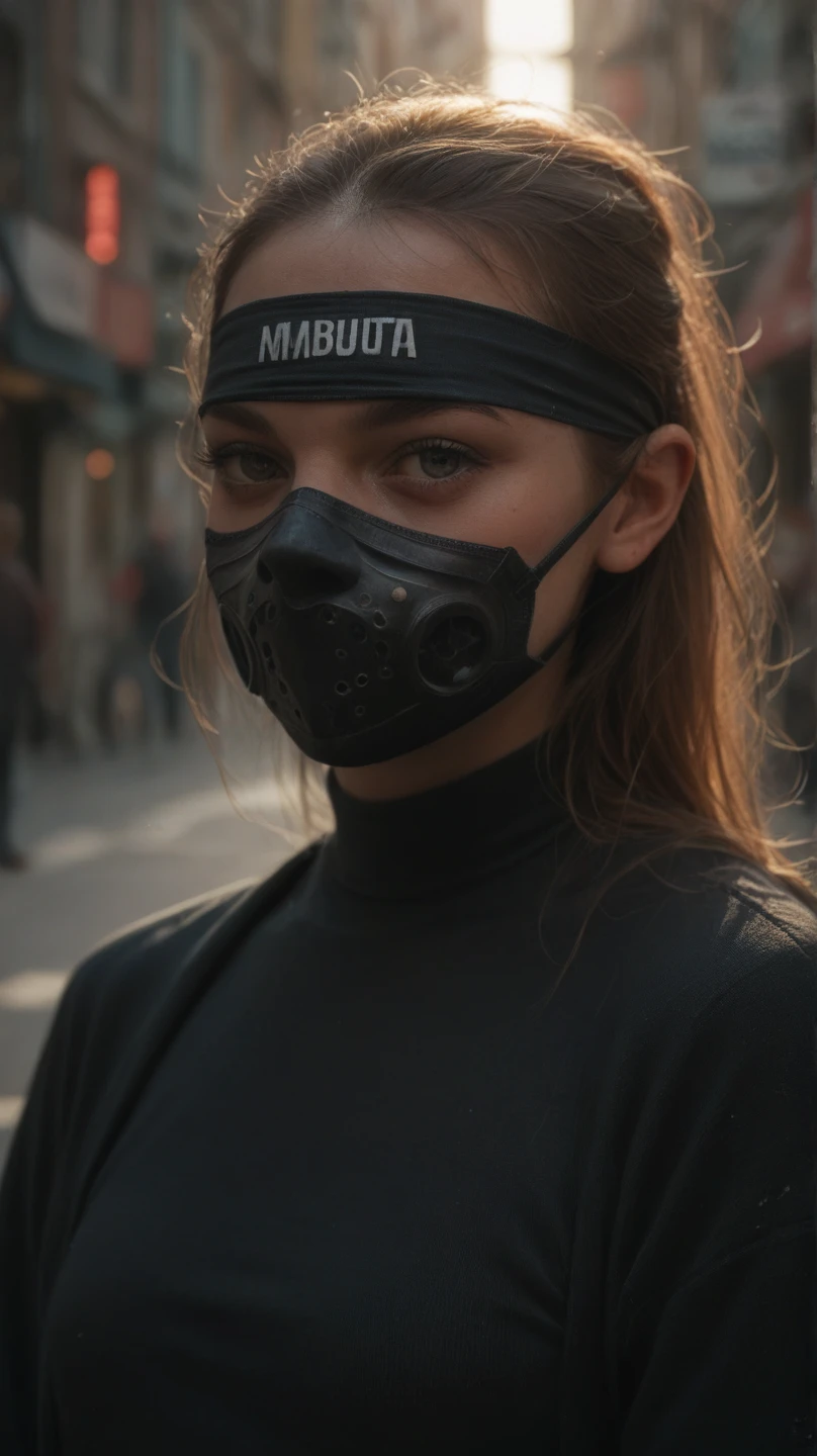 Garota gotica , olhos amarelos fortes brilhante , wearing a gas mask, imagem de copo 4k , usando roupas leves
