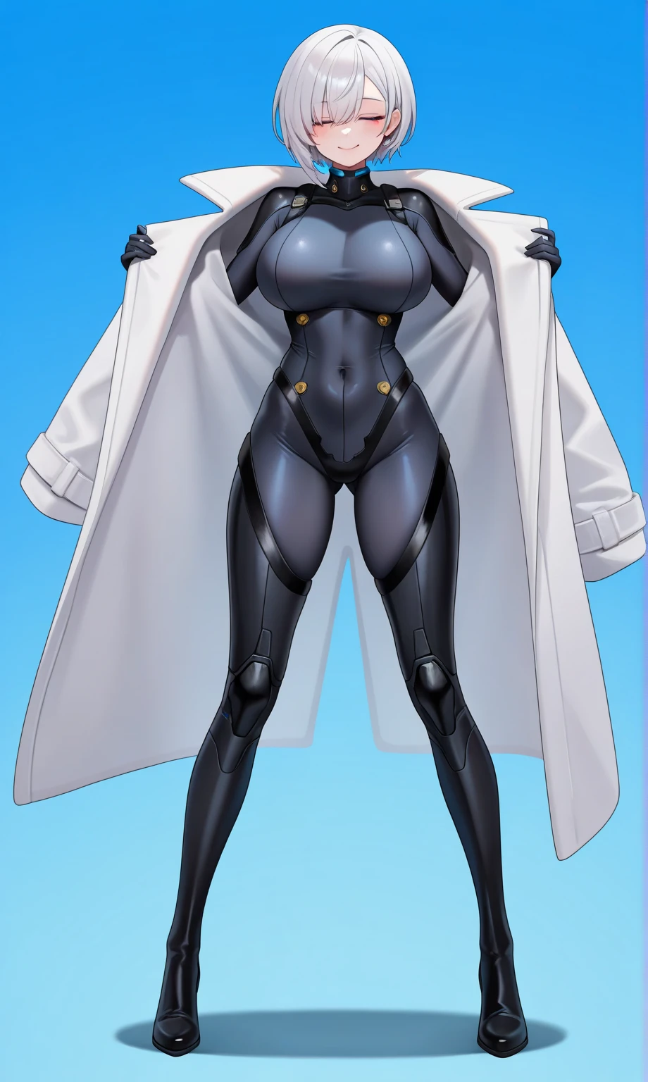 (Masterpiece, best quality), (highres, ultra-detailed), ( perfect anatomy), outdoors, 1girl, solo, sela, large breasts, tan, necklace, white sleeves, muscular, , full body, vest, pants, coat, pullover, boots, body suit, big robe,black body suit, robe, pullover, coat