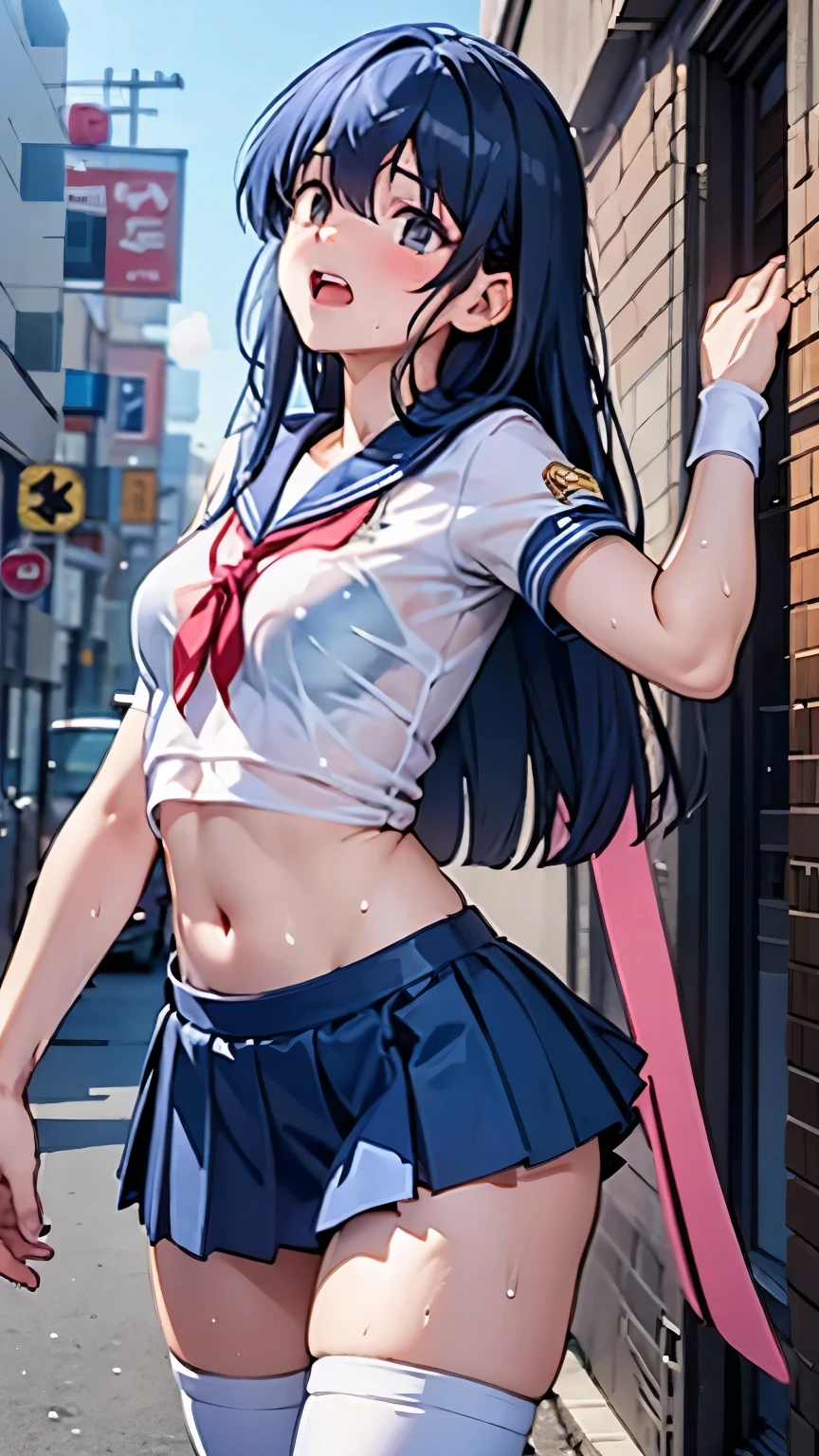 (cabello despeinado), (illustration), retrato, (fondo de ciudad futurista), (arms behind back), Cintura delgada, gran sonrisa, ojos detallados, abdominales fuertes, chica delgada, strong abs, muscle girl, front pose, big thighs, focus on face, big breast, large city background, blue hair, sailor uniform, skirt, sit on rock, detailed vagina, nude, heavy armor suit