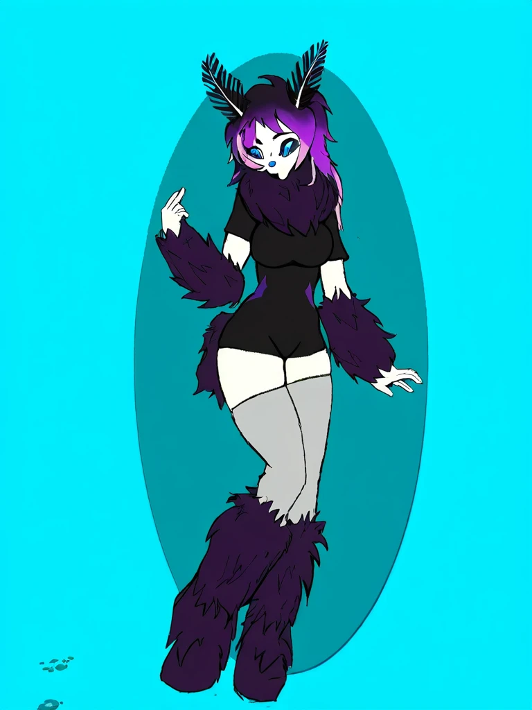 JinxTT, gray skin, solo, 1girl, smiling, purple capelet, completely nude, pussy, black detached sleeves, striped thighhighs