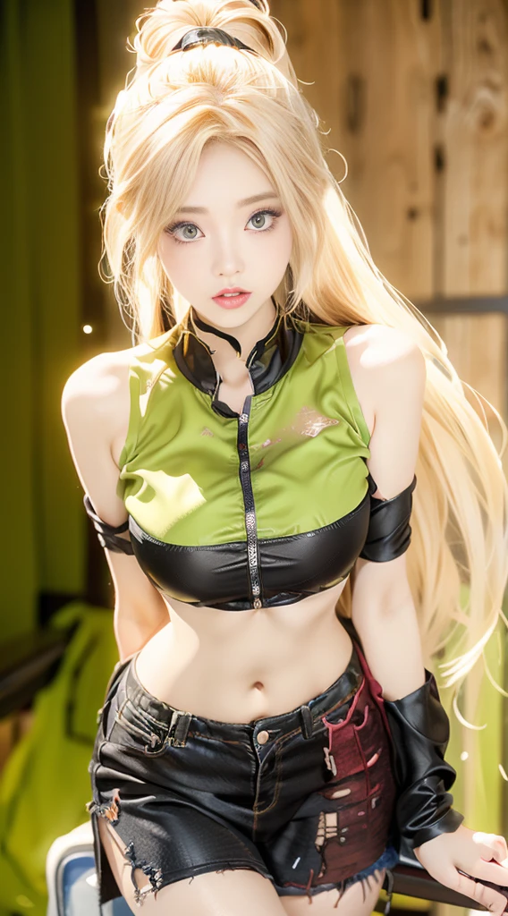 1girl, solo, long hair, breasts, looking at viewer, blush, open mouth, blonde hair, large breasts, simple background, white background, bow, bare shoulders, very long hair, green eyes, hair bow, detached sleeves, glasses, belt, covered nipples, cosplay, clothing cutout, thigh strap, low-tied long hair, konjiki no yami