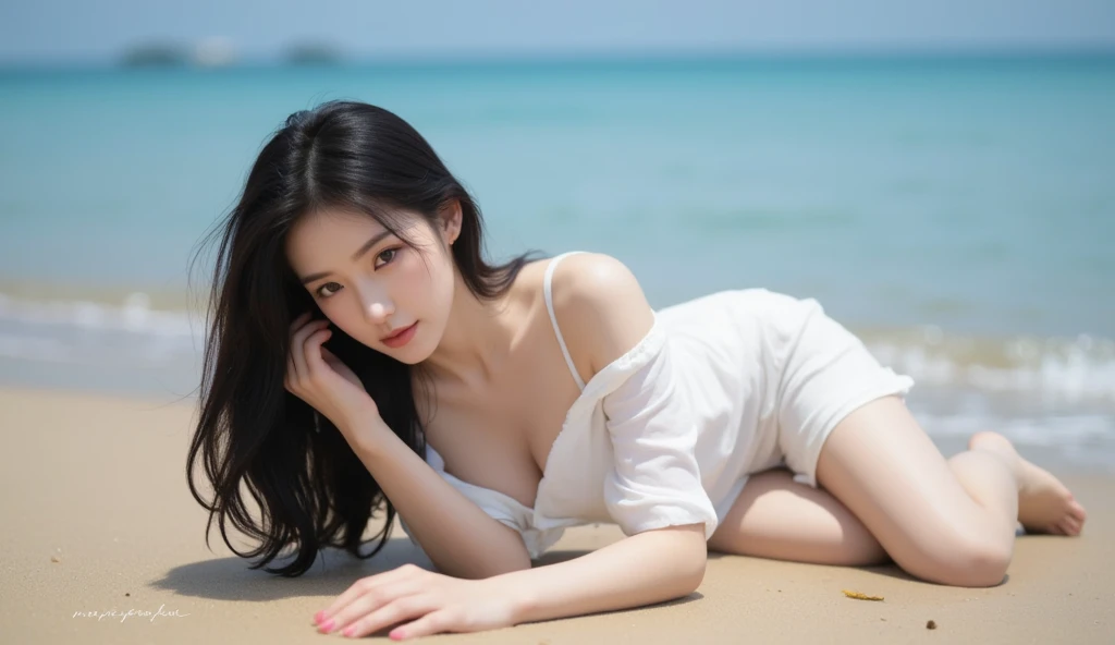 ((best quality, 8K, masterpiece, very detailed, ultra high resolution, realistic, raw photo, absurd, absolute resolution:1.5)), Pretty models, 1 woman, shy smile:1.8, long straight hair, big bust, ((Strapless leotard in random colors)), (kneeling on the beach), very detailed 얼굴, very detailed 입술, detailed eyes, double eyelid