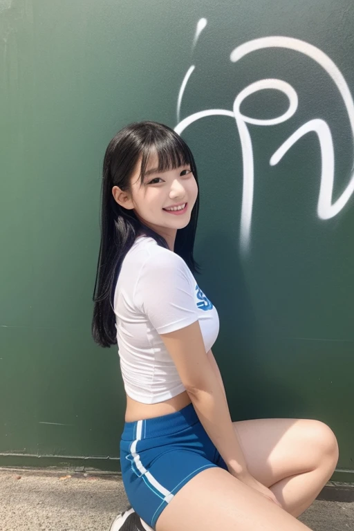 It captures a beautiful 24-year-old Japanese woman with the figure of a member of Japanese idol groups Keyakizaka46 and Nogizaka46.。She is posing as a volleyball player。With a smile、I&#39;m posing with the wide angle slightly raised.。Her natural charm and bright smile、It&#39;s overflowing from the photo。Her pose and charming smile、It fascinates the viewer。Touching the ball in a white sleeveless shirt。In the background、The pool is expanding