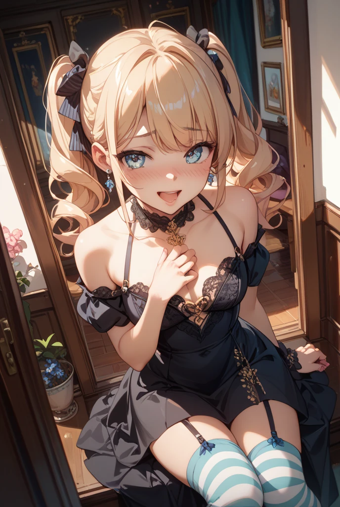 ((Biologically correct limb count))、((whole body including face))、4K、Masterpiece、((Focus on the face))、((Symmetrical, well-proportioned facial features))、Eyes with delicate depictions、(((1 person)))、Beautiful woman、Outstanding style、Slender Body、((Headband、Gothic Lolita、Gothic Dress、(High heels)))、(((Stand on a suspension bridge)))、(smile)、(Close-up photo of the upper body)、High angle、Stop and look up、